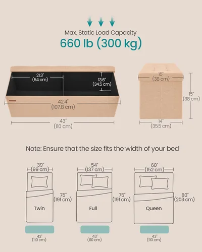 Miniatura 2 de SONGMICS Colección Mazie - Banco Otomano con Almacenamiento, Reposapiés Plegable de 43 Pulgadas, Banco para Extremo de Cama, Fácil Montaje