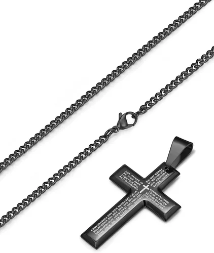 Miniatura 4 de LOYALLOOK Collar de acero inoxidable para hombre, 24 pulgadas, plata y tono negro con cruz colgante de oración del señor