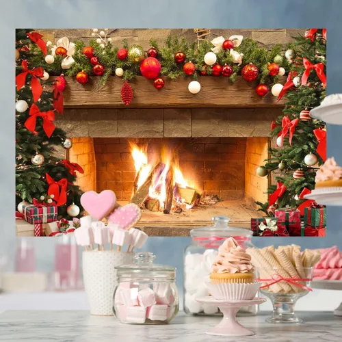 Miniatura 3 de Lofaris Telón de fondo de chimenea de Navidad de 5 x 3 pies, diseño vintage de árbol de fuego, medias rojas, regalos de fondo de fotografía