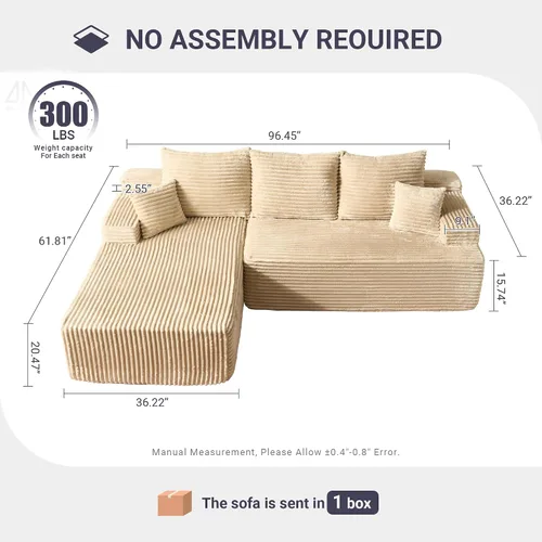 Miniatura 2 de Sofás seccionales Cloud de 96 pulgadas para sala de estar, sofá sin hueso en forma de L con cómoda silla, sofá modular con asiento profundo,