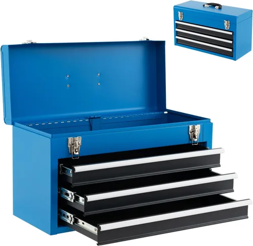 Goplus - Caja de herramientas con 3 cajones, organizador de 4 niveles de 52 cm, caja de herramientas portátil con bandeja superior, cerradura Azul