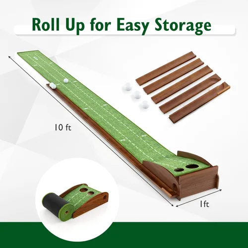 Miniatura 5 de Tangkula Alfombrilla de práctica de golf de 10 pies, 2/3 hoyos con retorno automático de bola para interiores y exteriores, guías de alineación y 3