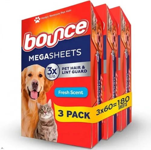 Bounce Hojas para Secadora Mega Guard Protección contra Pelo de Mascotas y Pelusa con 3X Combatientes de Pelo de Mascotas, Aroma Fresco, 180 Unidades