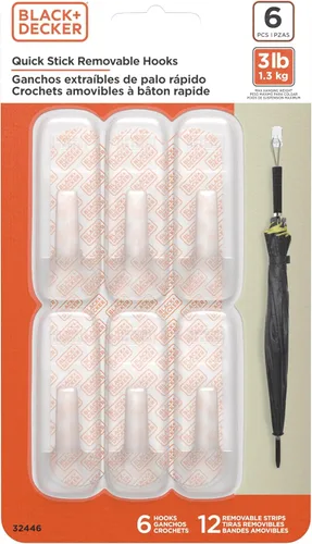 Black+Decker Ganchos de pared sólidos, adhesivo de adherencia rápida, extraíble, 6 ganchos de pared, 12 tiras adhesivas, colgar decoraciones sin
