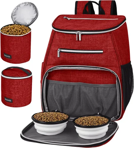 BAGLHER Mochila de viaje para perros, mochila de suministros para mascotas aprobada por aerolíneas, mochila de viaje para perros con 2 cuencos Rojo