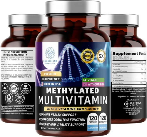 Number One Nutrition Multivitamínico metilado para mujeres y hombres, multivitaminas diarias naturales con folato, vitamina B12, vitamina B2 y B6,