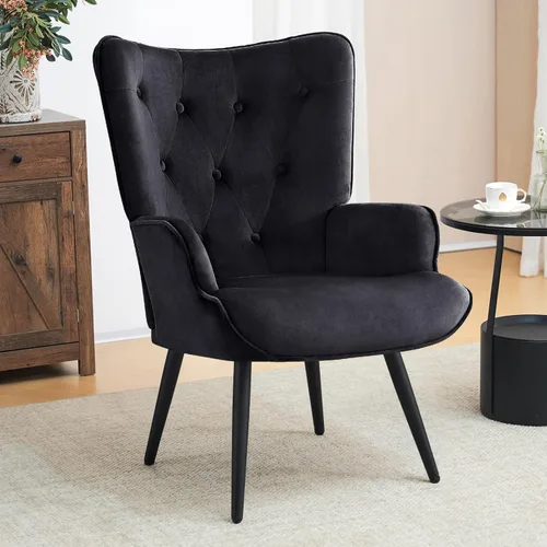 Miniatura 8 de Furniliving Silla de Acento de Terciopelo para Sala de Estar, Silla de Lectura Tapizada con Respaldo Alto, Sillón de Respaldo Alado con Botones Negro