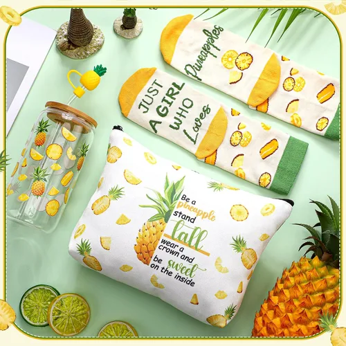 Miniatura 6 de SiliFine Juego de 3 piezas de regalos de piña para mujer, tazas de piña de verano con tapas y pajitas, regalos Aloha hawaianos, incluye piñas