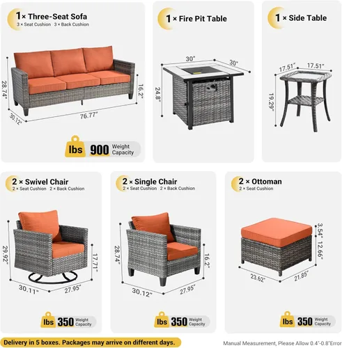 Miniatura 8 de ovios Juego de muebles de patio de 9 piezas con mesa cuadrada para hoguera, sillas mecedoras giratorias al aire libre, juego de conversación