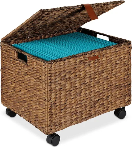 Miniatura 8 de Best Choice Products Archivador Rodante de Jacinto de Agua Tejido a Mano, Organizador de Archivos Móvil para Carpetas Colgantes con Tapa y Ruedas