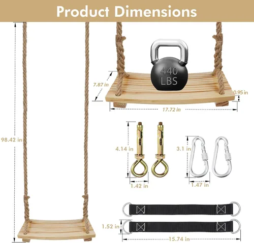 Miniatura 2 de 2026 Upgraded Wooden Swing Seat, 18"x 8", Hanging Tree Swing, 500lbs Load, Adjustable Hemp Rope & Tree Straps, Indoor/Outdoor Swings