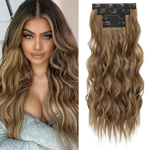 Miniatura 32 de REECHO Extensiones de cabello con pinza, 4 piezas de extensiones de cabello rubio de 24" de largo, ondas de playa gruesas, HE003, trama de encaje