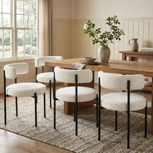Miniatura 11 de Juego de 2 sillas de comedor Boucle, sillas de comedor beige con asiento tapizado y respaldo redondo, sillas de cocina modernas de mediados de siglo