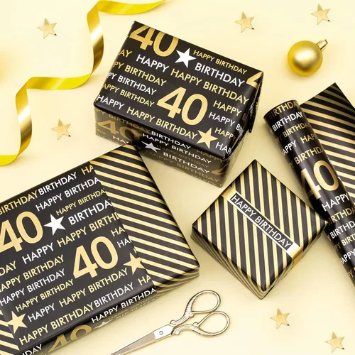 Miniatura 2 de RUSPEPA Rollo de papel de regalo reversible, mini rollo, patrón negro y dorado para cumpleaños de 40 años, ideal para cumpleaños, fiestas, baby 40