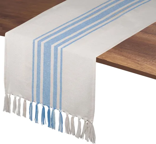 Miniatura 10 de Native Fab Camino de mesa verde azulado de 72 pulgadas de largo – Fundas de mesa bohemias a rayas con flecos – 100% algodón, tejido apretado, mantel