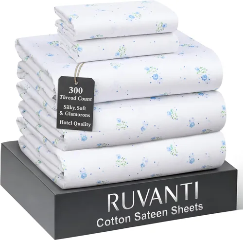 Miniatura 11 de RUVANTI Juego de sábanas de 100 % algodón tamaño matrimonial, tejido de satén suave y sedoso de 300 hilos, refrescante, ligero y transpirable, Beige
