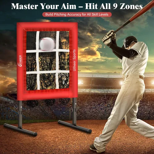 Miniatura 3 de Utheer Red de lanzamiento con zona de huelga de 9 hoyos, red de lanzamiento de béisbol de altura ajustable para lanzar, equipo de entrenamiento Red