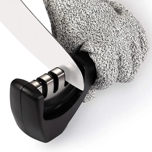 Cheer Collection Afilador de cuchillos 3 en 1, sistema profesional de afilado de cuchillas para restaurar cuchillos de cocina, incluye guantes Negro