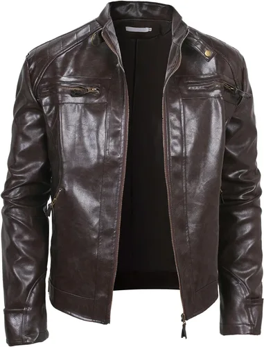 Aipengry Chaqueta de piel sintética para hombre, cuello alto, piel sintética, con cremallera completa, chaqueta casual para motocicleta, abrigo con