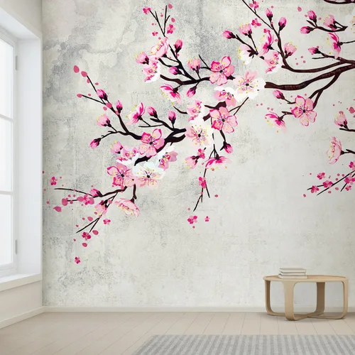 Miniatura 2 de wall26 - Mural de pared grande - Pintura de tinta estilo acuarela, flor de cerezo rosa sobre fondo de pared vintage, papel tapiz de vinilo Obra