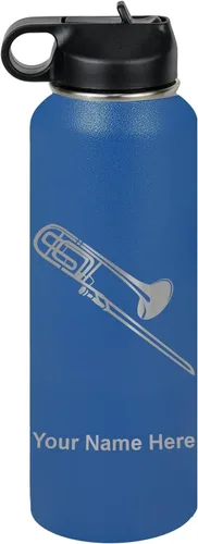 Miniatura 22 de LaserGram Botella de agua personalizada, trombón, acero inoxidable de doble pared aislada al vacío con popote superior, regalo grabado personalizado