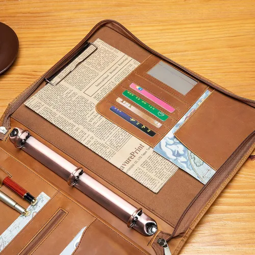 Miniatura 3 de YIWEN Portafolio de cuero genuino hecho a mano, portafolio con cremallera y carpeta de 3 anillos, organizador profesional de negocios, carpeta