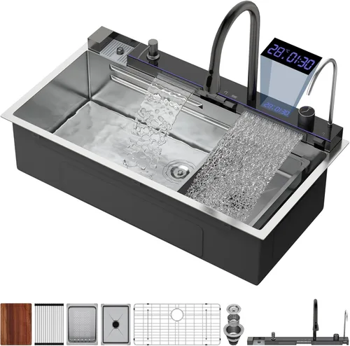 Miniatura 11 de Logmey Fregadero de cocina negro 33x22 empotrable, estación de trabajo de fregadero de cocina, SUS304 calibre 16 acero inoxidable, tazón individual