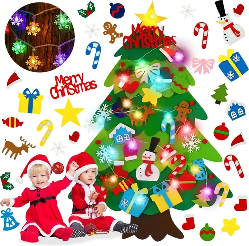 Miniatura 10 de EMPOF Árbol de Navidad de fieltro para niños pequeños - Juego de árbol de fieltro de bricolaje de 1 m con luces de copos de nieve + 32 adornos, Luz