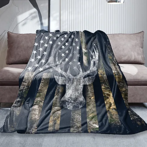 Miniatura 10 de Manta de Caza con Bandera de Ciervo Camuflado de EE.UU., Mantas de Regalo para Hombres, Manta Súper Suave, Acogedora y Cálida para Sofá, Silla
