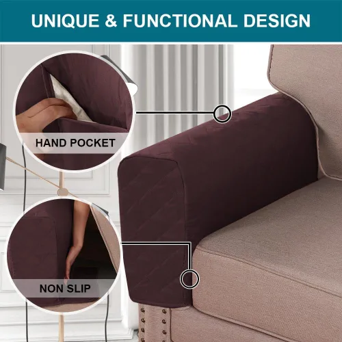 Miniatura 3 de Fundas impermeables para reposabrazos para sillones y sofás, fundas para brazos de sofá para sofá, paquete de 2 con bolsillo lateral, funda Marrón