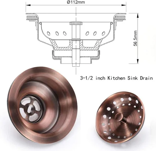 Miniatura 5 de KONE - Conjunto de drenaje para fregadero de cocina de 3-1/2 pulgadas con cesta de colador/tapón, todo de acero inoxidable, cobre antiguo, duradero
