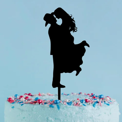 Miniatura 3 de Country Western - Decoración para tartas de boda, sombrero de vaquero, novia con botas o tacones, novia de levantamiento de novio, caligrafía