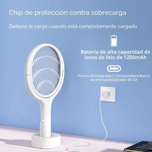 Miniatura 4 de Paquete de 2 raquetas eléctricas para matar insectos, mosquitos, mosquitos, avispas matamoscas USB tipo C recargable, cabezal giratorio