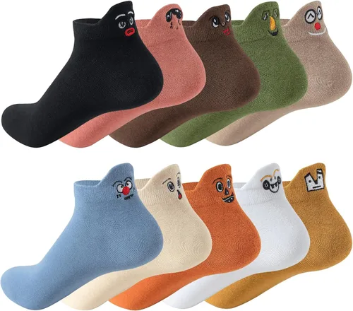 10 pares de calcetines divertidos, lindos calcetines de tobillo bordados kawaii de algodón suave de corte bajo para mujer, talla única