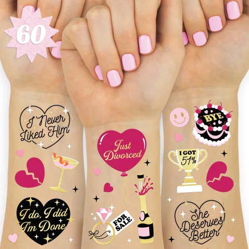 xo, Fetti Tatuajes temporales para fiesta de divorcio – 60 estilos de aluminio | Suministros de fiesta solo divorciados, recuerdos de fiesta de