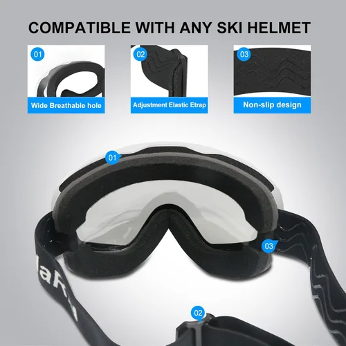 Miniatura 5 de Ski Goggles, OTG 100% UV Protection Anti Fog Snowboard/Ski Goggles for Men, Women & Youth Marco blanco lente plata Vlt10%-18%
