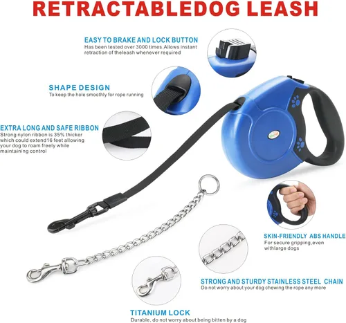 Miniatura 3 de Idepet Correa retráctil resistente para perros pequeños y medianos, cadena de acero antimasticación de 360 grados sin enredos, sistema de bloqueo