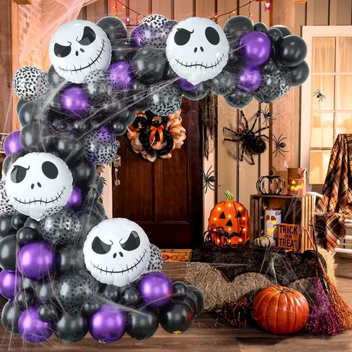 Miniatura 7 de Kit de guirnalda de arco de globos para decoración de Halloween, 101 piezas de globos de látex de confeti morado metálico y negro mate, con globos
