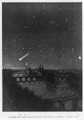 HistoricalFindings Foto: Cometa Halley en el cielo del amanecer sobre París, Francia, 1910, Estrellas, Cometa de período corto