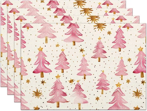 Juego de 4 manteles individuales de Navidad de Moutina, 12 x 18 pulgadas, Árboles de Navidad rosados resistentes al calor, manteles individuales de