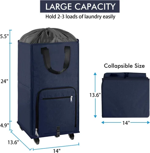 Miniatura 3 de Bukere Cesta de lavandería grande con ruedas, 4 ruedas y 2 asas, bolsa de lavandería con ruedas plegable independiente para ropa, apartamento