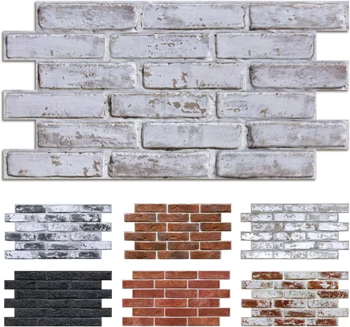 Miniatura 20 de Commomy 10 paneles de pared de piedra 3D para despegar y pegar, panel de pared de piedra sintética de 11.8 x 11.8 pulgadas, papel tapiz de ladrillo
