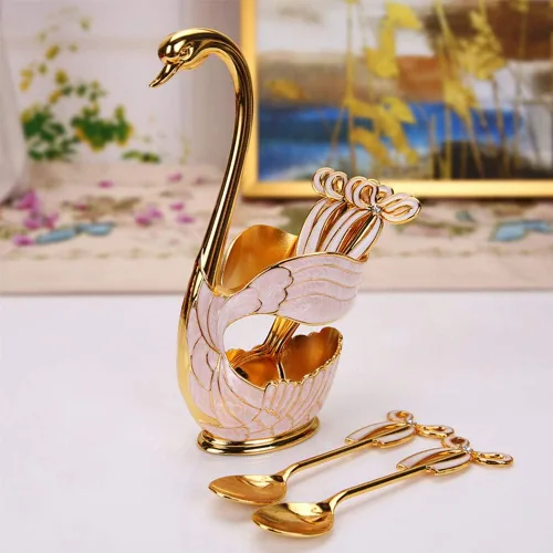 Miniatura 9 de Juego de cucharas de postre de café, elegante estante de almacenamiento de cucharas con forma de cisne, cucharas de postre de metal sólido