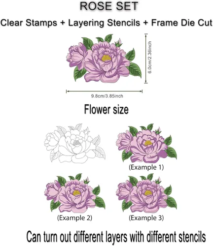 Miniatura 3 de Alinacutle Sellos de flores de peonía, plantillas troqueladas, juego de sellos transparentes, plantillas de capas de corte de metal para hacer