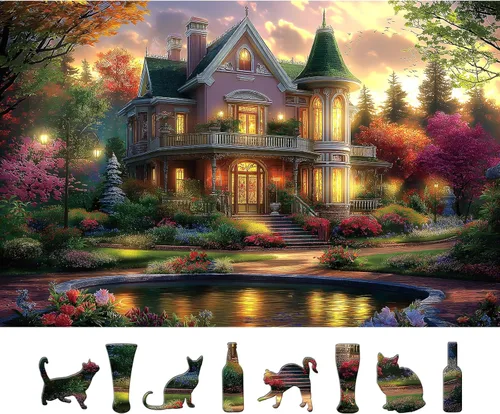Victorian House Sunset - Rompecabezas de 500 piezas para adultos, rompecabezas con flores de otoño y paisaje escénico, rompecabezas desafiantes Casa