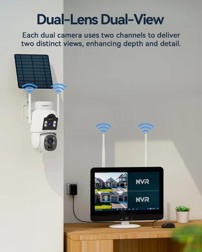 Miniatura 2 de Cámara solar inalámbrica para exteriores, 2 cámaras solares de doble lente de 4MP+ 4MP para sistema de seguridad del hogar con monitor de 12
