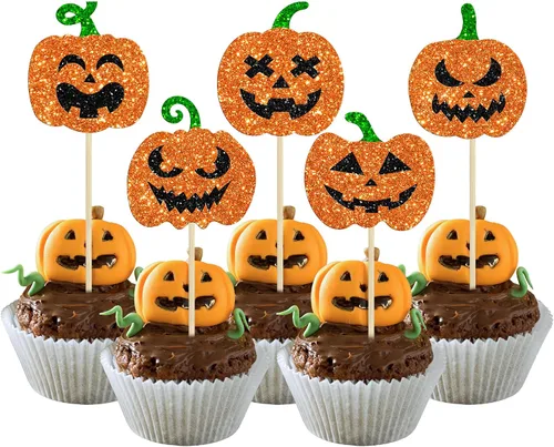 Miniatura 29 de Gyufise 24 adornos para cupcakes de Halloween con calabaza, fantasma, purpurina negra, decoraciones para cupcakes para niños, decoración de fiesta