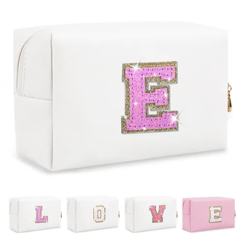 Miniatura 374 de Pequeña bolsa de maquillaje personalizada con inicial A-Z Preppy Patch, bolsa de cosméticos de viaje de felpilla blanca con cremallera, bonita bolsa