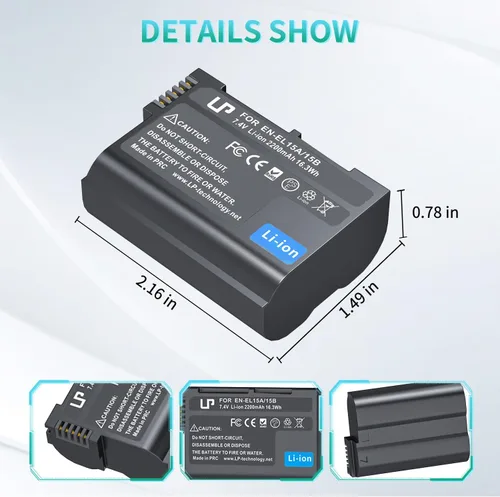 Miniatura 3 de LP EN-EL15C Batería de Reemplazo, 2200 mAh EN-EL15a/EN-EL15b Batería Compatible con Nikon D7500, D7200, D7100, D7000, D850, D750, D500, D810a, D810