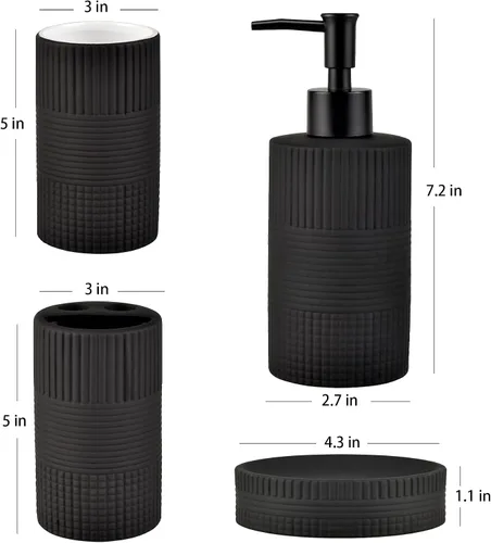 Miniatura 2 de Juego de Accesorios de Baño Negro Mate, Juego de Baño de Cerámica con Relieve de 4 Piezas Completo - Portacepillos de Dientes, Dispensador de Jabón
